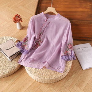 Women's Linen Embroidered Button Down Shirt Chinoiserie Three Quarter Sleeve Traditional Chinese Style Tea Dress Yellow - Product Image 4