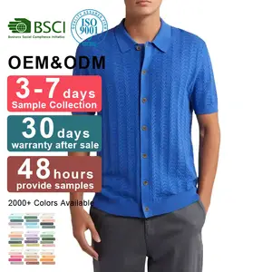 Custom Spring Summer Blue Cable Stitch Polo Neck Short Sleeve Button-Up Sweater Men's Jersey Shirt