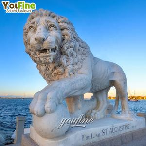 Giardino a grandezza naturale in marmo pietra scolpita statue di leone con palla - Product Image 5