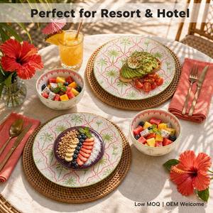 Service de table en porcelaine 18 pièces motif palmier tressé, <span class=keywords><strong>assiettes</strong></span> et bols en céramique avec impression 3D en relief effet panier tressé - Product Image 5
