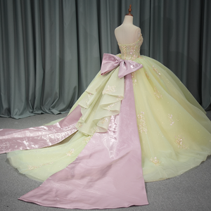 Jancember 1275 Robes de soirée élégantes en dentelle jaune avec nœud rose - Product Image 4