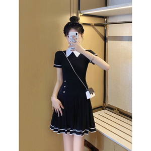 Vestiti donna elegante plissettato manica corta maglia nera moda francese per <span class=keywords><strong>giovani</strong></span> donne vestono abiti da festa in ufficio - Product Image 2