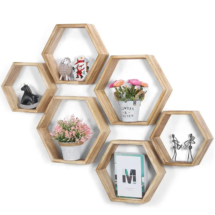 Wholesale Wall Mounted Wood Farmhouse Storage Honeycomb Wall Shelf for Kitchen or Bedroom
