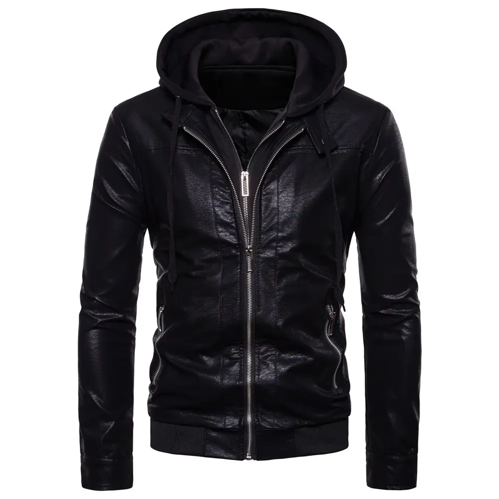 Spring Custom Hooded Solid Color Casual Stand Collar Zipper Motorcycle Leather Jackets For Men 2022