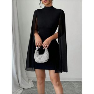 Robe de cocktail pour femme, manches cape, col montant, robe moulante en tricot côtelé, mini-robe élégante, tissu asymétrique translucide - Product Image 3