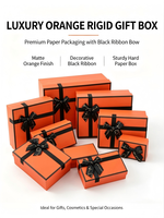 Lot de boîtes cadeaux rigides en bois écologiques multi-tailles, couleur orange, avec ruban imprimé personnalisé, pour les fêtes