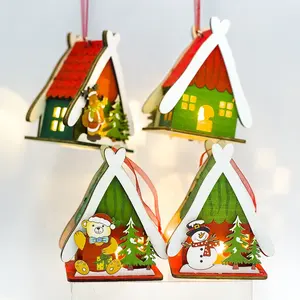 سانتا كلوز منزل خشبي نموذج مصغر ديكور معلق الحلي شجرة عيد الميلاد زينة