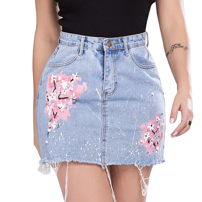 Atacado roupas moda frisadas curtas mulheres mini saia jeans com estampas florais