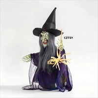 Nouveautés Halloween : Sorcière Animatronique Sautante Effrayante avec Capteur de Mouvement et Son Activé pour Maison Hantée, Parc d'Attractions, Fête