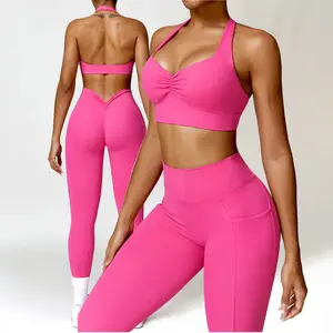 YIYI Alta Stretchy Halter à prova de choque Ginásio Fitness Conjuntos Scrunch Leggings Ternos Set Mulheres Senhoras Cintura Alta Macia Compressão