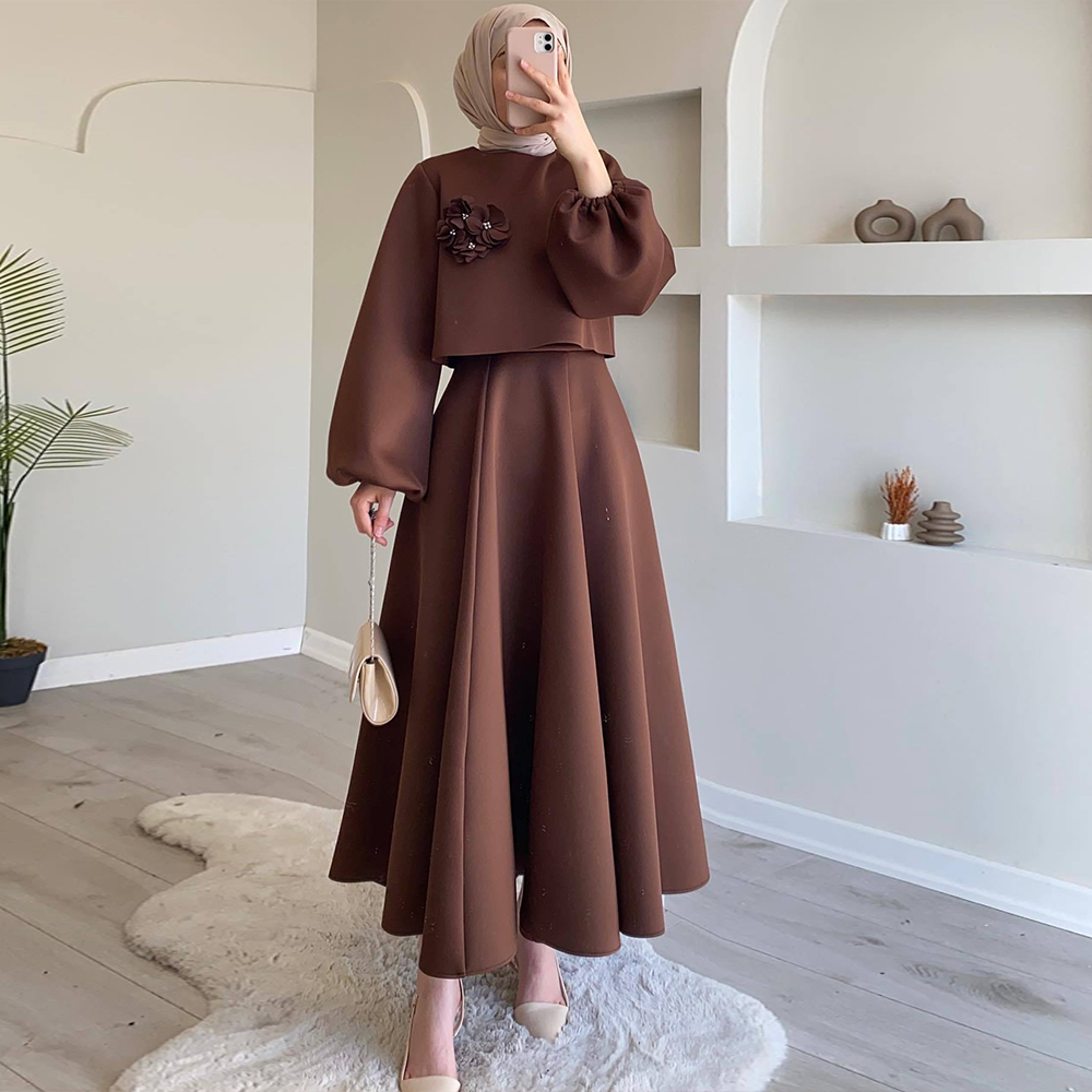 HANO 2024 Spring Women's New Solid Color Long Sleeve Lantern Sleeve Loose  Dress Women's Dress Islamic Muslim Two Piece Set 7110| Alibaba.com