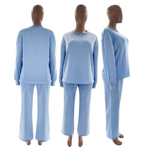 Herfst Winter Custom Logo Hoge Kwaliteit Effen Kleur Dames Crew Neck Lange Mouw Wijde Pijpen Broek Relaxed Fit Dames Tweedelig Set - Product Image 3