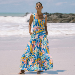 เดรสยาวทรงเอไลน์สำหรับผู้หญิง ระบายอากาศได้ดี เป็นมิตรกับสิ่งแวดล้อม คอเหลี่ยม เอวสูง ลายดอกไม้ สายเดี่ยว ผ้าโพลีเอสเตอร์ 100% สำหรับใส่ในชีวิตประจำวัน - Product Image 6