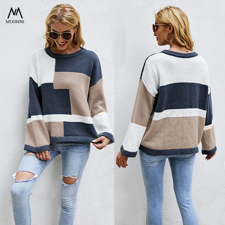 MXN เสื้อสเวตเตอร์คอกลม Colorblock ถักของผู้หญิง,เสื้อสเวตเตอร์สตรีไซส์พิเศษเสื้อผ้าผู้หญิงสเวตเตอร์สวมหัวทรงหลวมสำหรับผู้หญิงปี SF1131