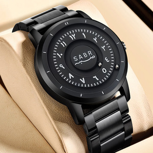 Reloj de Cuarzo Minimalista con Bisel Giratorio, Caja Redonda Negra, Correa de Cuero Suave, Esfera con Números Arábigos Únicos, Resistente al Agua para Uso Diario, Estilo Casual - Product Image 1