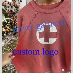 Sudadera personalizada de algodón 100% de alto gramaje, larga, estilo urbano, roja, con lavado vintage, efecto descolorido por el sol, bordado y desgastada, cuello redondo, holgada - Product Image 3
