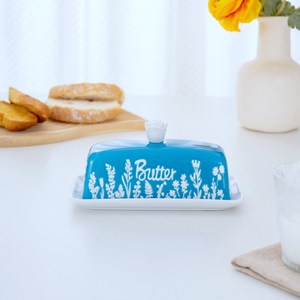Beurrier en céramique 3D style américain avec rose en relief, boîte à beurre en émail bleu pour la maison et le restaurant, idéal pour le stockage du fromage - Product Image 1