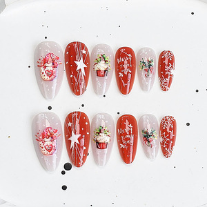 Faux ongles à presser de Noël, motif amande, effet œil de chat, flocon de neige, étoile, gâteau, réutilisables, manucure festive pour les fêtes - Product Image 1
