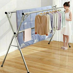 3-Rod Folding <strong>Telescopic</strong> Modern <strong>Clothes</strong> Rack Floor-Standing Galvanize Steel <strong>Rail</strong> for Indoor Balcony Living Room Outdoor - Product Image 3