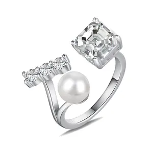 Dylam Elegant Fine Jewelry Women 925 Sterling Silver Square 5A Cubic Zirconia Shell Pearl Adjustable Engagement Promise Ring