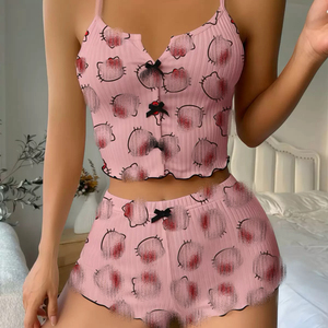 Pigiama Estivo da Donna Stile Y2K con Cartoni Animati, Set Canotta Aderente con Gattino, Moda Giovanile Carina per Casa - Product Image 2