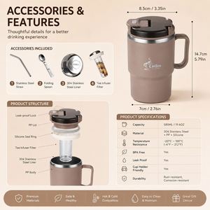 Gobelet isotherme en acier inoxydable personnalisé avec poignée et couvercle infuseur à thé, double paroi, anti-fuite, pour café et thé, idéal comme cadeau - Product Image 3