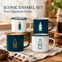 Mug de camping en émail avec logo personnalisé, vente en gros, tasse à café vintage en acier avec motif nature, promotion de vente au détail pour l'extérieur, ustensiles de cuisine