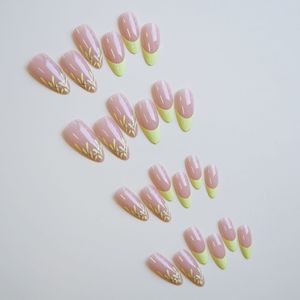 <span class=keywords><strong>Faux</strong></span> ongles à presser moyens en forme d'amande, rose nude avec French manucure vert néon, couvrance totale, brillants, avec accent feuille - Product Image 3