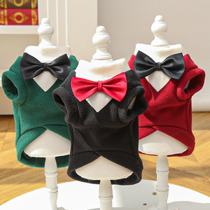 เสื้อกั๊กสุนัขและแมวสำหรับฤดูหนาว สีพื้น แต่งโบว์ผูก สำหรับสัตว์เลี้ยงขนาดเล็กถึงกลาง เสื้อผ้าสัตว์เลี้ยงอุ่นๆ แฟชั่น ชุดน่ารัก อุปกรณ์สำหรับสัตว์เลี้ยง - Product Image 1