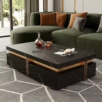 Meubles de salon, table basse moderne de luxe en motif ardoise noire, support TV au sol, tiroirs en bois, acier inoxydable doré
