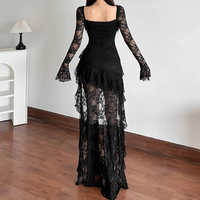 Robe longue évasée en dentelle à col carré, unie, coupe trapèze, style E-girl, ourlet irrégulier, Cyber Y2K, pour soirée