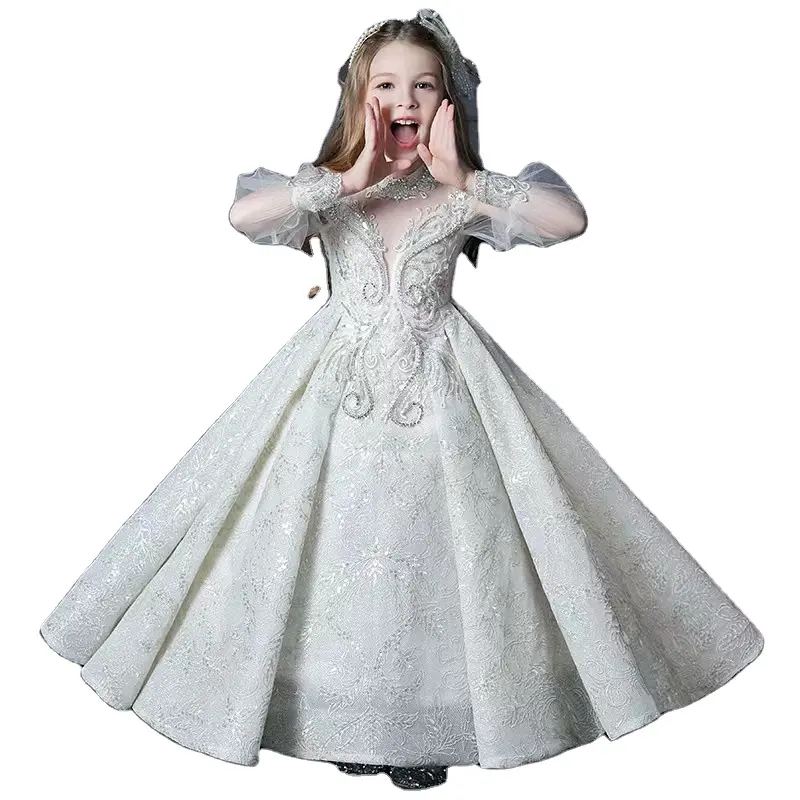 2023 Baby Girl Long Sleeve Dress Summer Short Sleeve Pleat Skirt Elegant Wedding Dress Full Children Ball Gown Satin Solid Girls