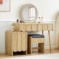 Coiffeuse en bois festonné avec miroir LED rond et tiroirs de rangement, ensemble de coiffeuse avec tabouret pour la vente en gros