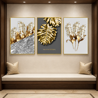 Triptyque mural en toile botanique or blanc avec imprimés de feuilles florales pour salon, chambre, réception, hôtel, décoration minimaliste