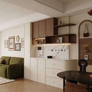 Aparador de Comedor de Alta Gama con Materiales Mixtos - Nogal, Crema y Mármol, Iluminación LED + Estación de Bebidas para Hogares de Lujo - Product Image 1