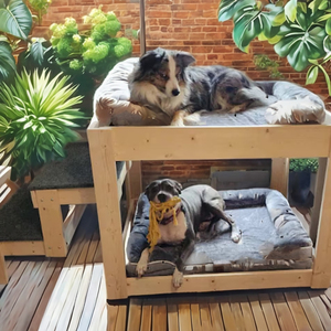Erhöhtes Holz-Hundebett mit 2 Stabilen Stufen Großes Etagenbett für 2 Hunde Leinen- und Schaumstoffmaterial Nachhaltig - Product Image 6