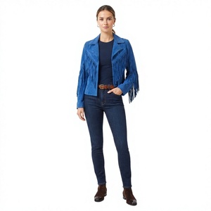 Blazer en daim bleu avec franges, col rabattu, manches longues, veste d'automne pour femme, couleur unie, design à points ouverts - Product Image 2