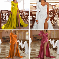 Robe de soirée élégante et raffinée pour femme, en satin tissé, sans manches, longue, plissée, amincissante, collection automne