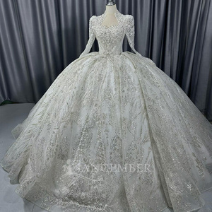Lscm108 Modern Silver Long Sleeve Beaded Ball Gown Wedding Dress Sweetheart Neckline Chapel Train Floor-Length Feather <b>Sequin</b> - Product Image 6