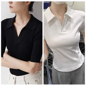 Camiseta de Punto con Cuello Polo Gris Básico de Alta Gama Estilo Retro Americano, de Manga Corta y Hombros Descubiertos para <span class=keywords><strong>Mujer</strong></span>, Diseño Veraniego - Product Image 6