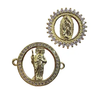 Personalizzato placcato oro zircone Connettori vergine maria san jude dei pendenti di fascini per il braccialetto produzione di gioielli all'ingrosso