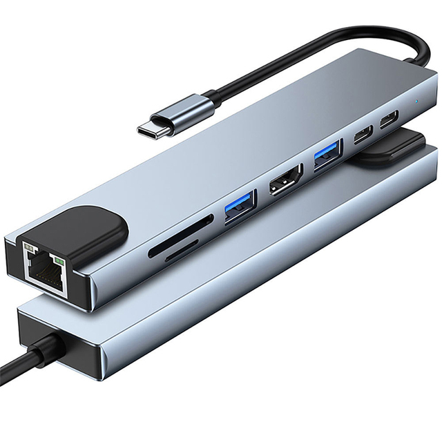8-Port USB-C Hub with 4K 60Hz Video Ethernet 3.0 100W PD Aluminum Alloy Charging Station & Docking Station-in Stock