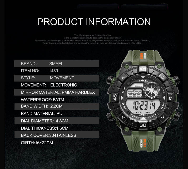 Smael 1439 Sports Watch Durable 48mm Digital Men's Watch