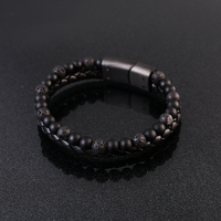 Bracelet Double couche en cuir véritable noir avec perles en pierre naturelle, fermoir magnétique en acier inoxydable