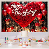 Bannière de fond suspendue pour fête, motif grandes roses rouges, décorations Joyeux Anniversaire