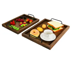 2-Piece Rustic Bamboo Bread Wood Serving Tray With Metal Handle Whitewashed Brown Color For Kitchen Use