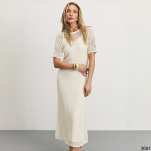 Abito Lungo in Maglia a Nido d'Ape con Maniche Corte e Collo Tondo, Elegante, Casual, Semplice, Lussuoso, Oversize, Stile <span class=keywords><strong>Sirena</strong></span> per Donne - Product Image 2