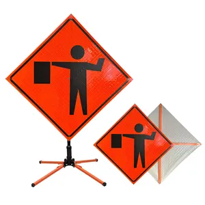 Reflective Flagger Symbol 48'' Custom Vinyl Construction Road Utility Work Ahead Sign Roll Up Traffic Sign Stands