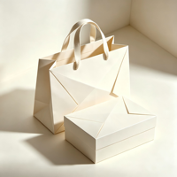 Ensemble de boîte cadeau et sac en papier de style enveloppe beige minimaliste avec poignée en cuir, emballage haut de gamme pour bijoux et cadeaux