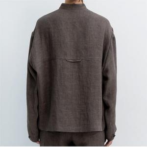 Custom Wholesale Casual Loose Solid Stand Collar Long Sleeve Buttons Pockets Tops White 100% Pure <strong>Linen</strong> Shirts <strong>Blouses</strong> <strong>for</strong> <strong>Women</strong> - Product Image 5